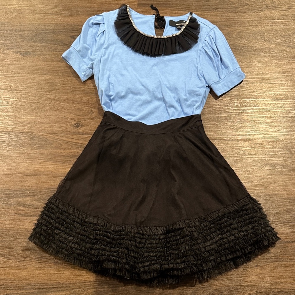 Light Blue and Black Ruffle Trim Skirt and Top Set Small Large